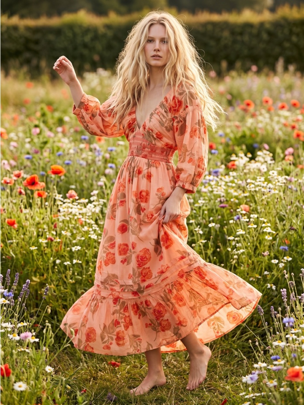 Free People Golden Hour Maxi Dress Peach Floral Spring Goddess Ethereal XS NEW